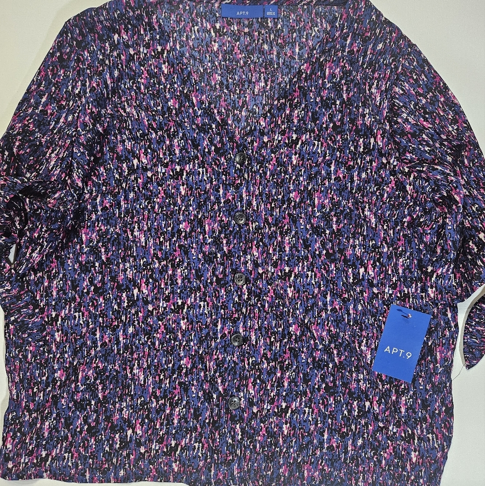 Womens Blouse Art To Wear Large Button Down Short Sleeve Purple Black Office NEW